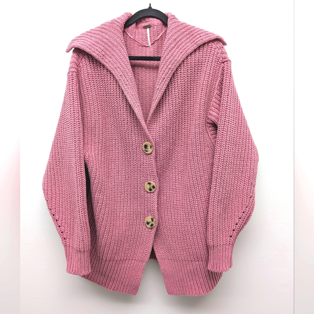 Free People Oversized Heavy Knit Cozy Pink Cowl Neck Button Cardigan Chunky S XS